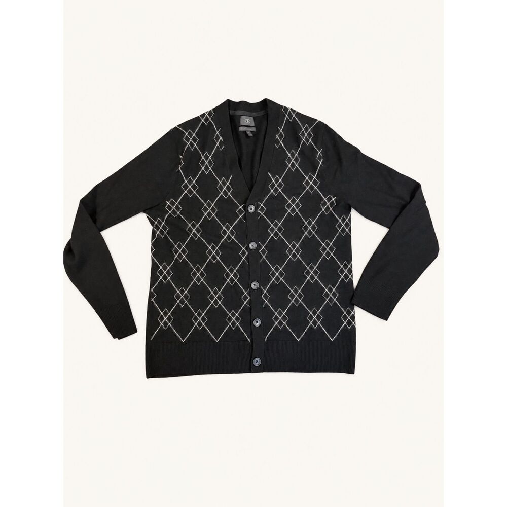 Banana Republic Italian Cashmere Argyle Cardigan M Black Preppy Quiet Luxury